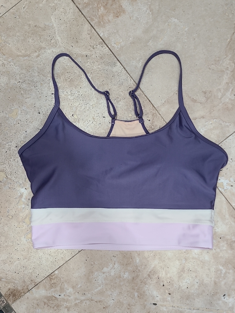 Colorblock Longline Sports Bra in Purple with Pink and Cream Bands - Picture 1 of 7